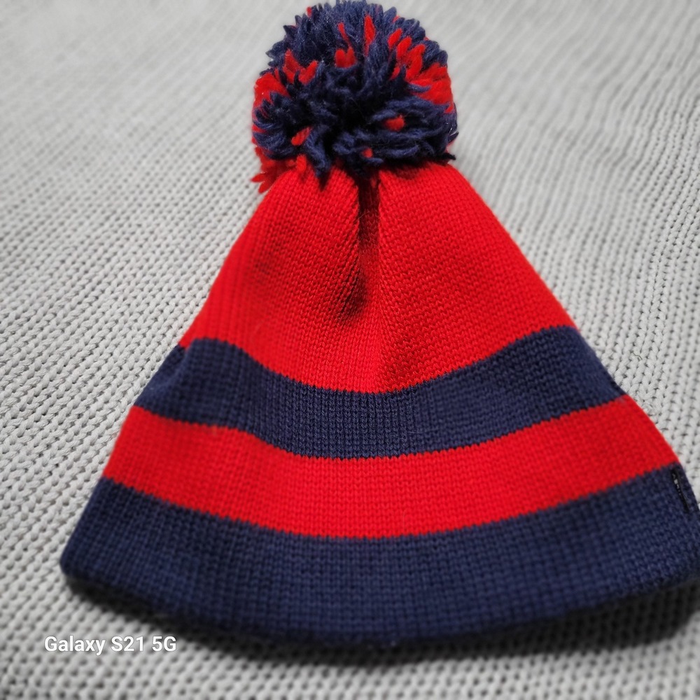 Vintage Smiley Red Navy Blue Striped Wool Pom Pom Beanie Hat Made in USA